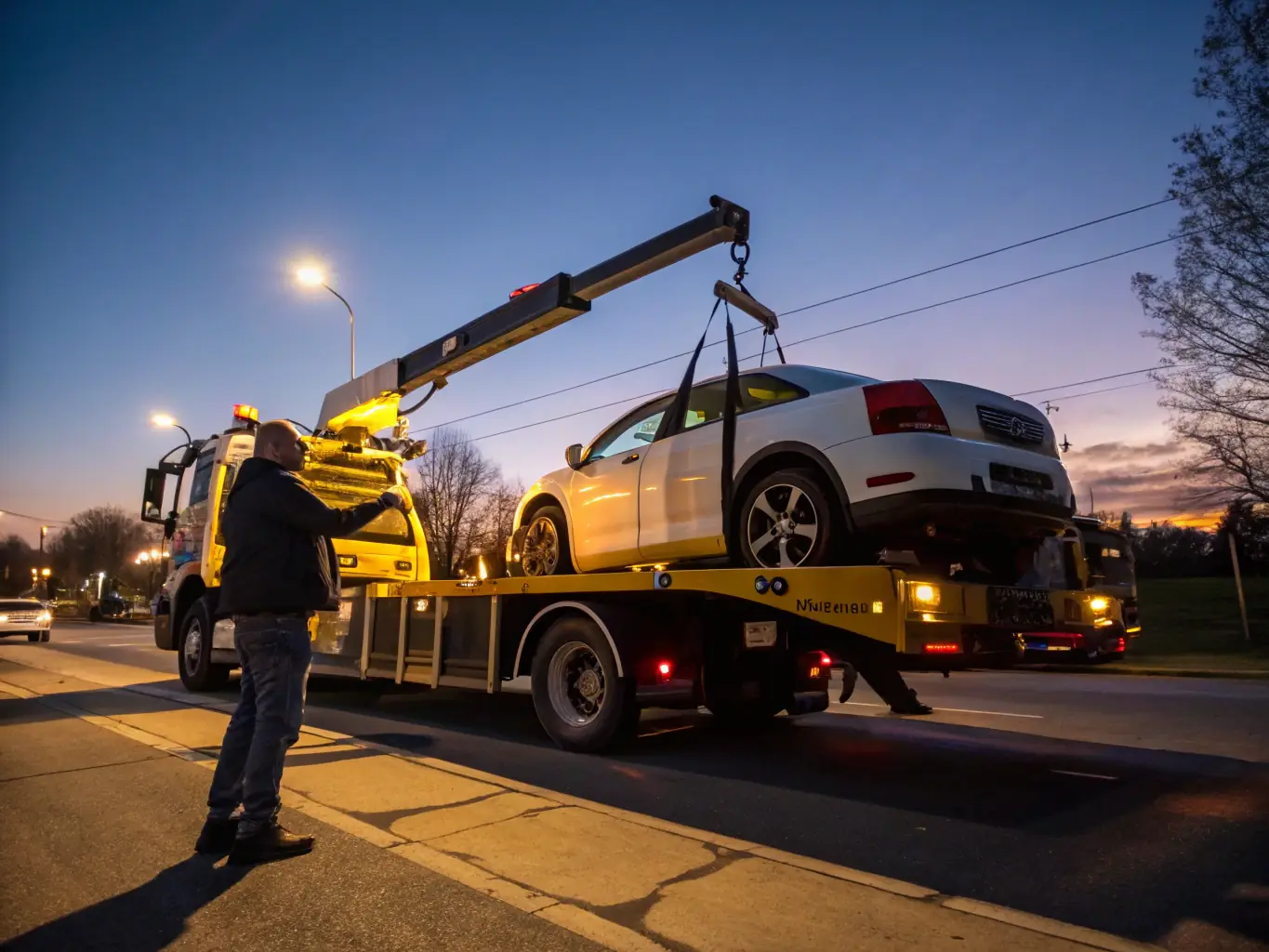 A professional tow truck lifting a vehicle from a driveway with no cost to the owner, illustrating the Free Towing service.